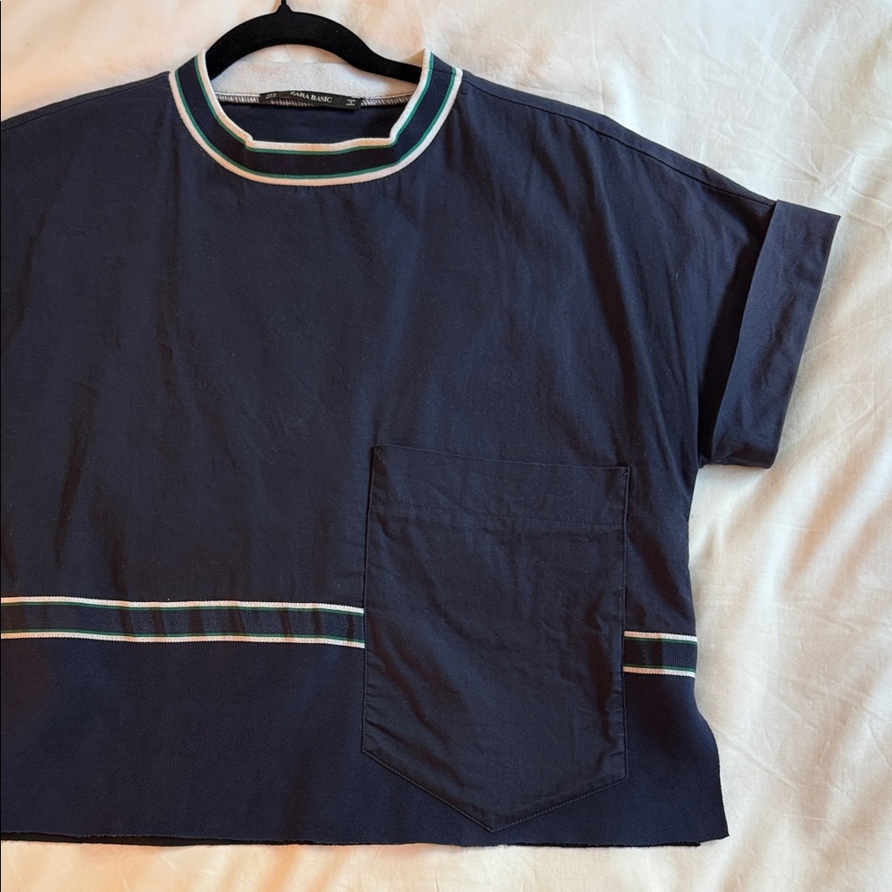 Zara Boxy Crop Shirt - Navy - Cotton and Suede - size Medium